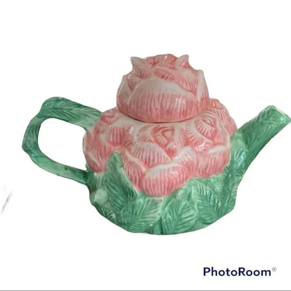Peggy Jo Ackley Vintage Rose Teapot Pink Green Floral Ceramic Cottage core EUC - Picture 1 of 7